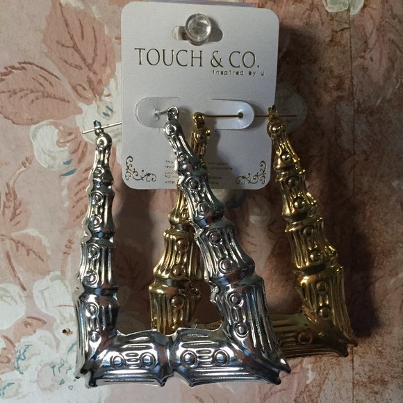 Statement Metal Bamboo Rectangular Hoop Ear Rings - Picture 6 of 8